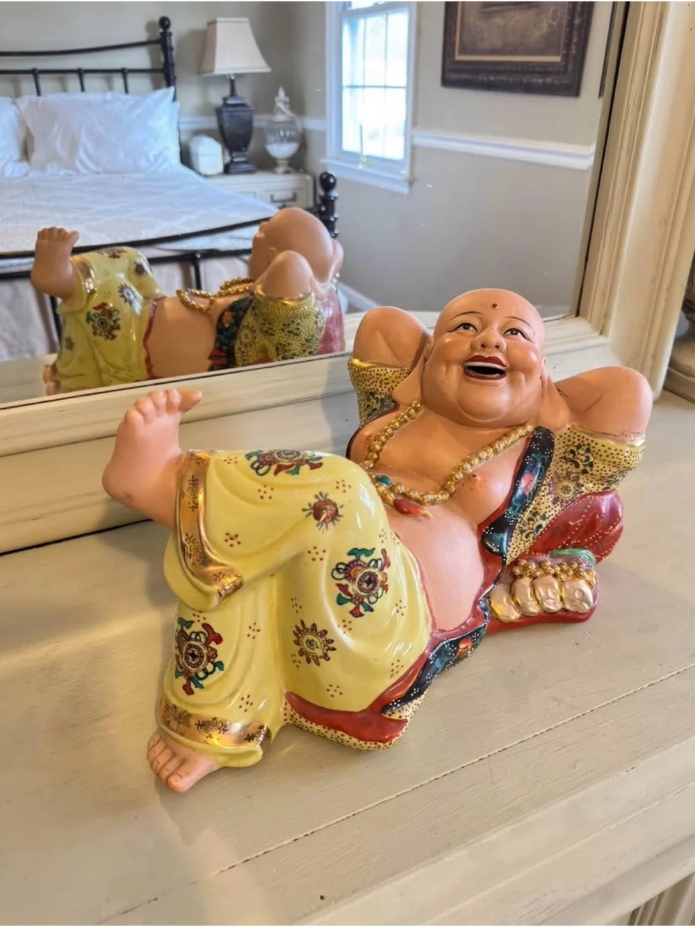 Vintage Cheerful Yellow Reclining Laughing Buddha Figurine - Home Accent Statue